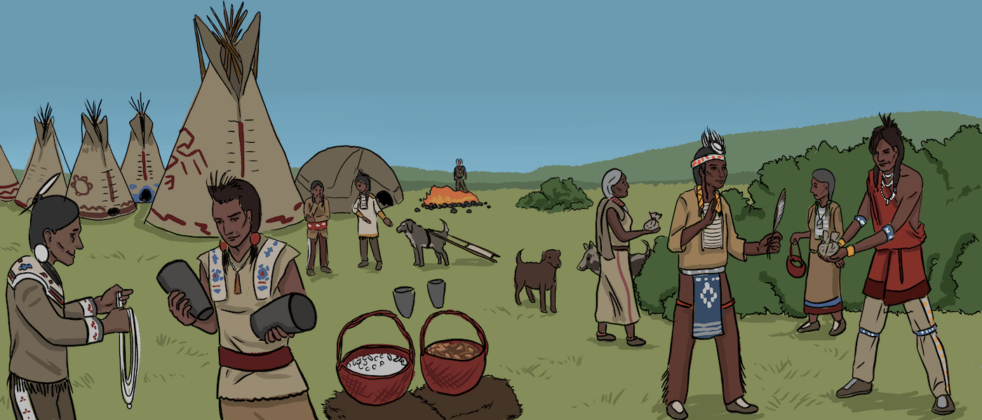Several illustrated Indigenous men trade items with each other. There are tipis and a campfire in the background.