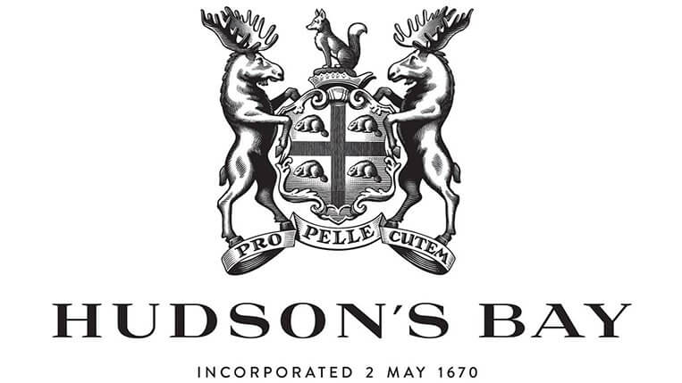 The Hudson’s Bay Company logo is shown with two illustrated moose standing and touching a shield that has four beavers and a fox on it. It says ‘Incorporated May 2nd 1670’.