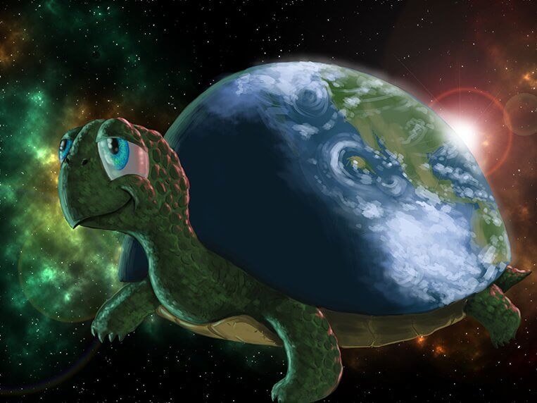 An illustrated turtle is shown with a globe for a shell.