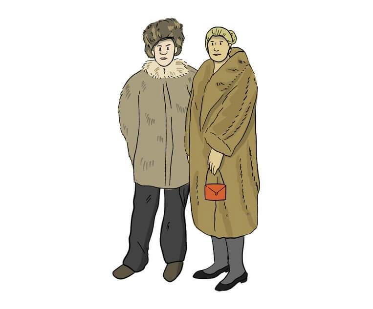 An illustrated man and woman are wearing fur coats and hats.
