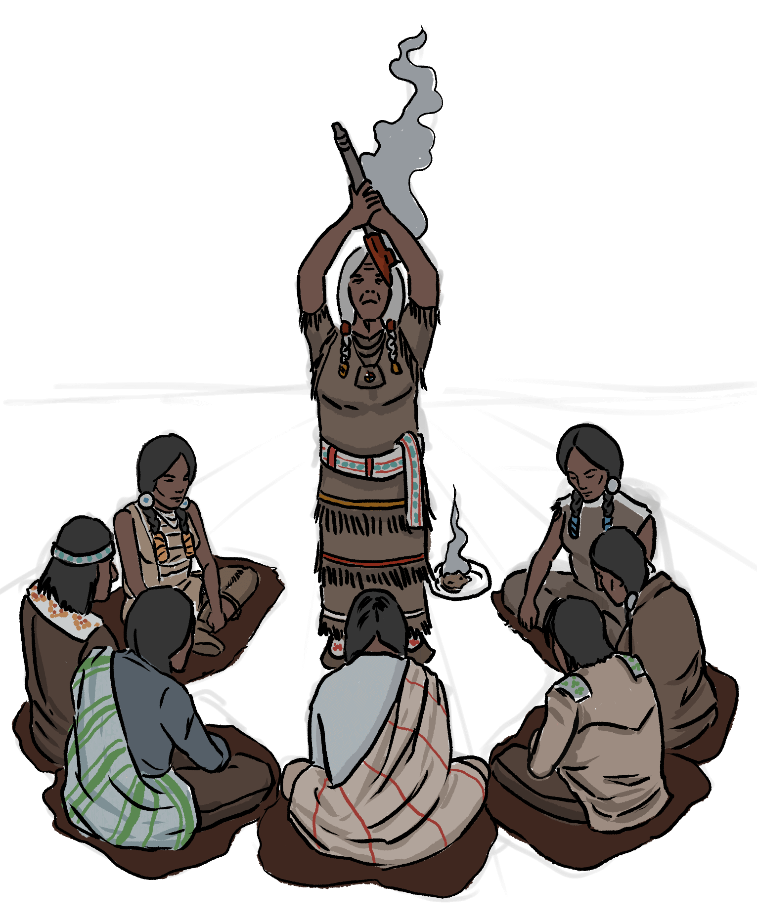 An illustrated Indigenous man holds a smoking pipe while a group of Indigenous people are sitting on hides in a circle with their heads bowed down.