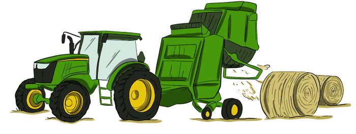 An illustrated baler that is being pulled by a tractor releases a newly made bale into the field. 