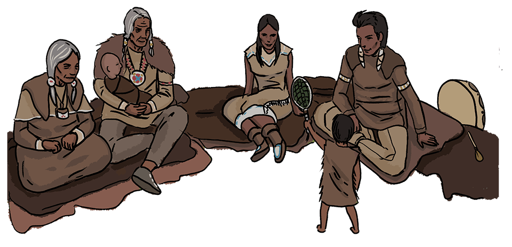 An illustrated group of Indigenous people sit on bison hides on the ground while watching a young child who is talking to them.