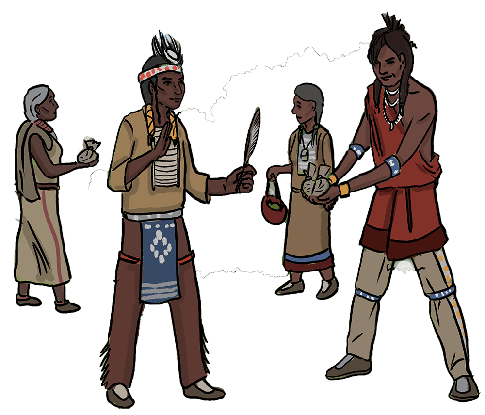 Several illustrated Indigenous men trade items with each other. 