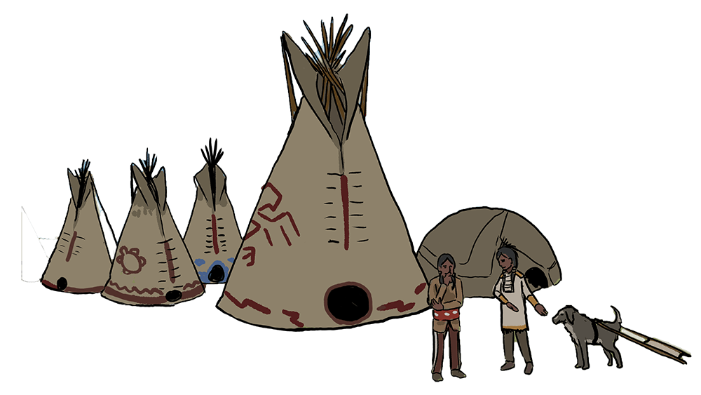 Two illustrated Indigenous people stand together to talk in front of a group of tipis. 