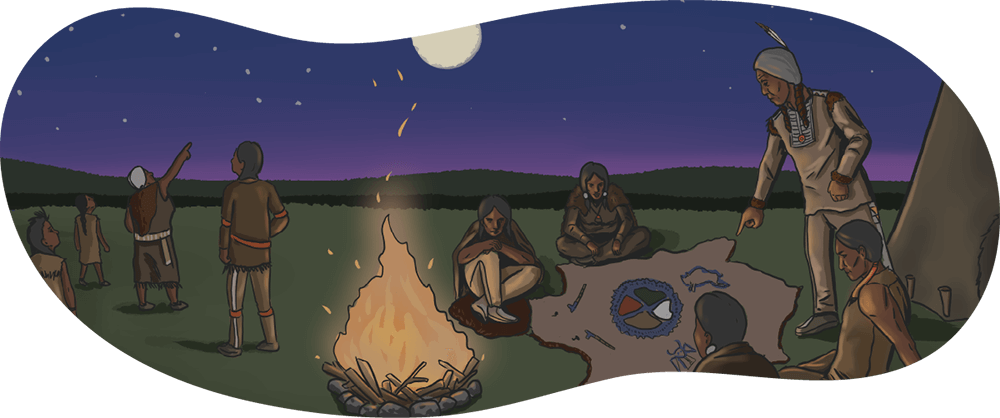 An illustrated Indigenous person points to the night sky and teaches a young child that is standing nearby. 