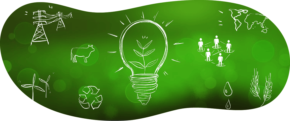 An illustrated lightbulb is shown next to sketches of a recycling sign, a map, water drops, a wheat sheaf, and power lines.