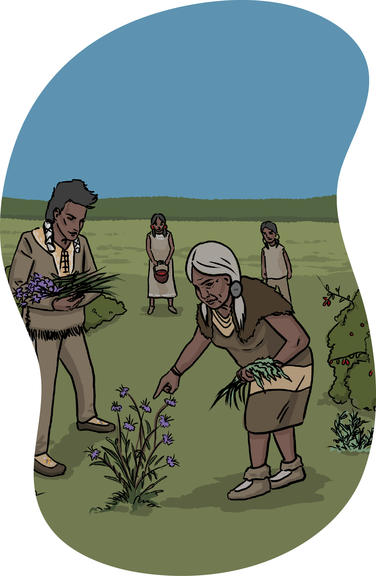 An Indigenous woman points to a growing flower to teach something. Three other Indigenous people stand in the background watching.