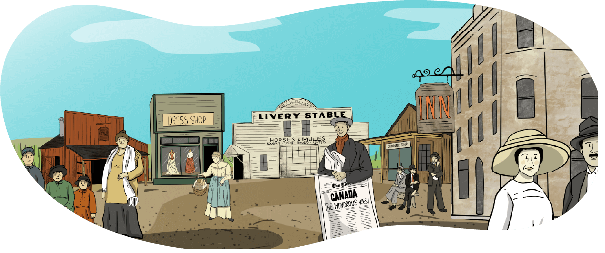 An illustrated town has an inn, carpenter shop, livery stable, dress shop, and a blacksmith shop. There are people walking around.
