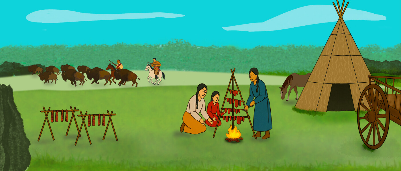 A group of illustrated Indigenous people are sitting together at a campfire by tipis. Others are greeting another group of people walking towards them.