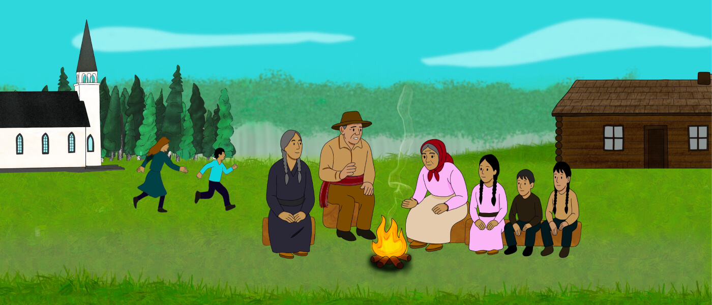 A group of illustrated Indigenous people are near the campfire at nighttime. A man points to symbols on the back of a bison hide and explains them to the group. Another person is pointing out stars in the night sky.