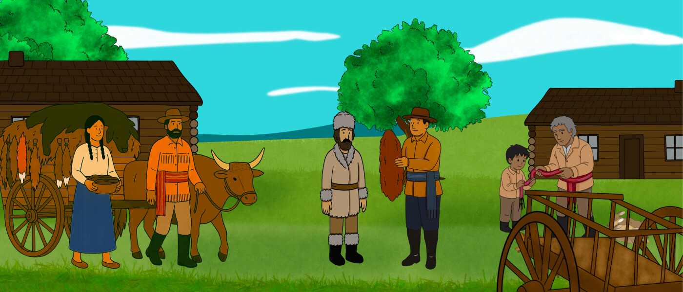 A group of illustrated Indigenous people are near the campfire at nighttime. A man points to symbols on the back of a bison hide and explains them to the group. Another person is pointing out stars in the night sky.