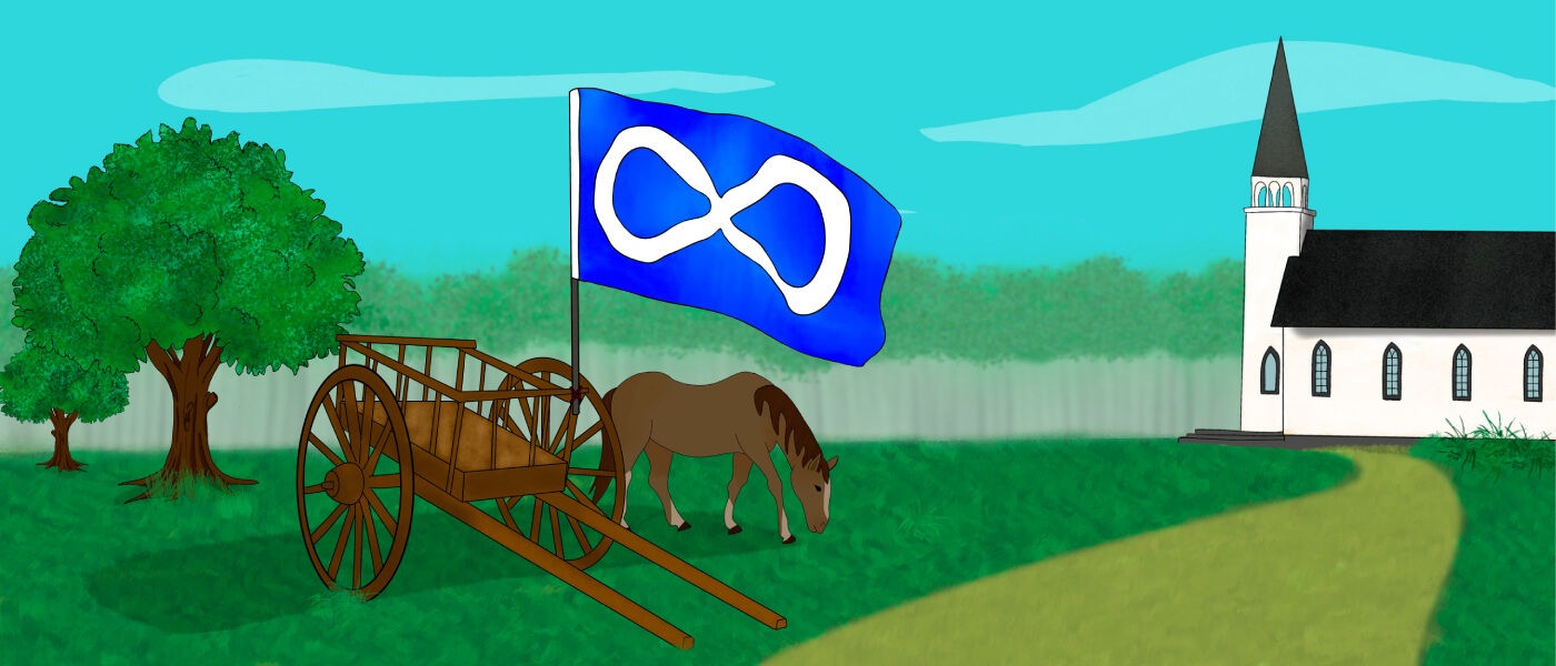 A group of illustrated Indigenous people are sitting together at a campfire by tipis. Others are greeting another group of people walking towards them.