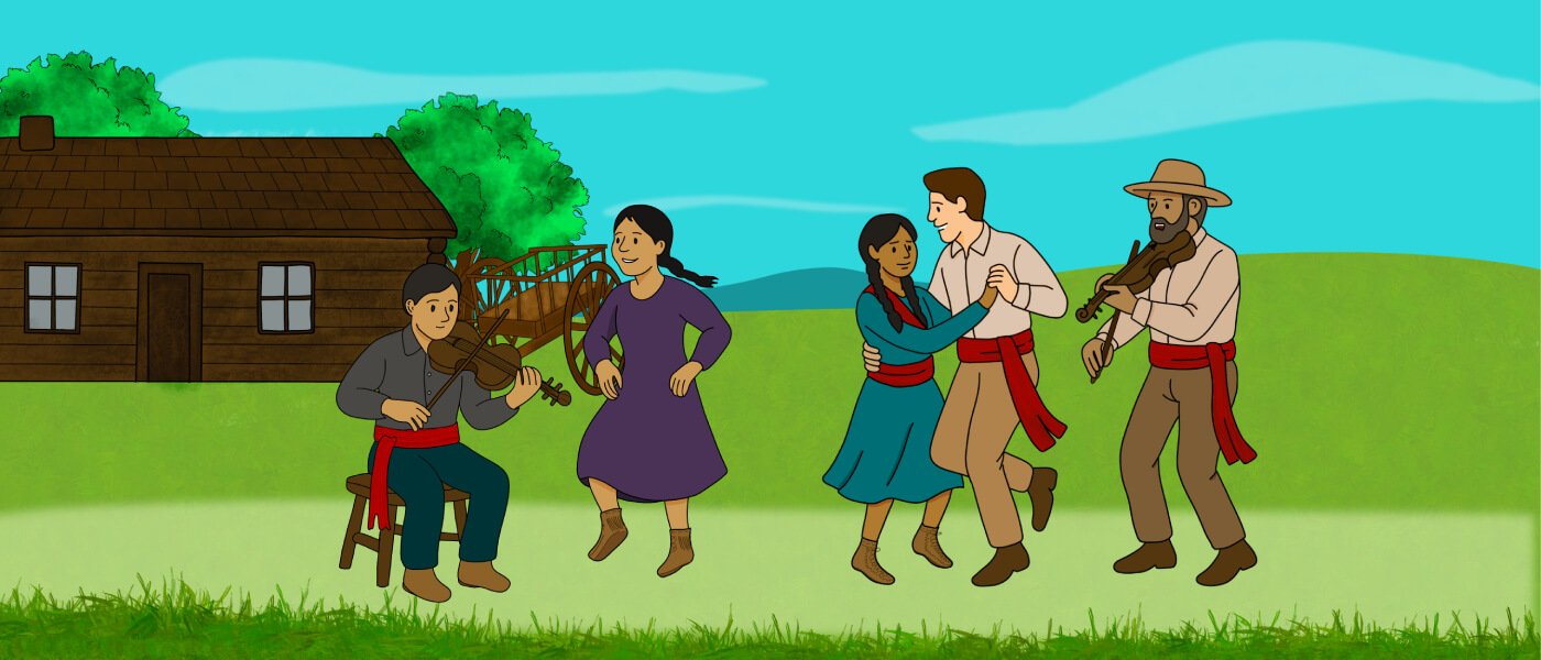 Several illustrated Indigenous men trade items with each other. There are tipis and a campfire in the background.