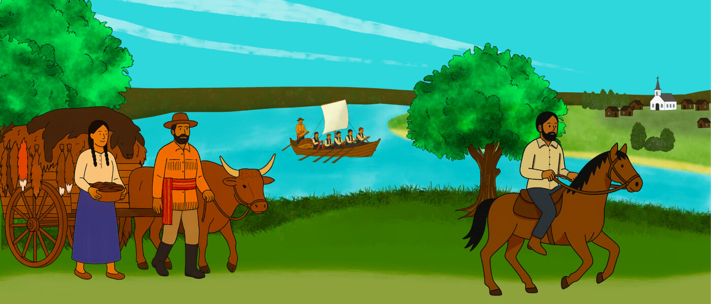 Several illustrated Indigenous men trade items with each other. There are tipis and a campfire in the background.