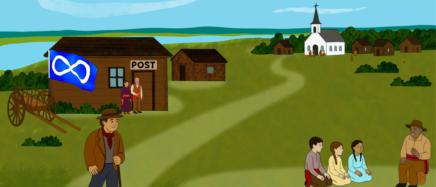 A group of illustrated Indigenous people are sitting together at a campfire by tipis. Others are greeting another group of people walking towards them.