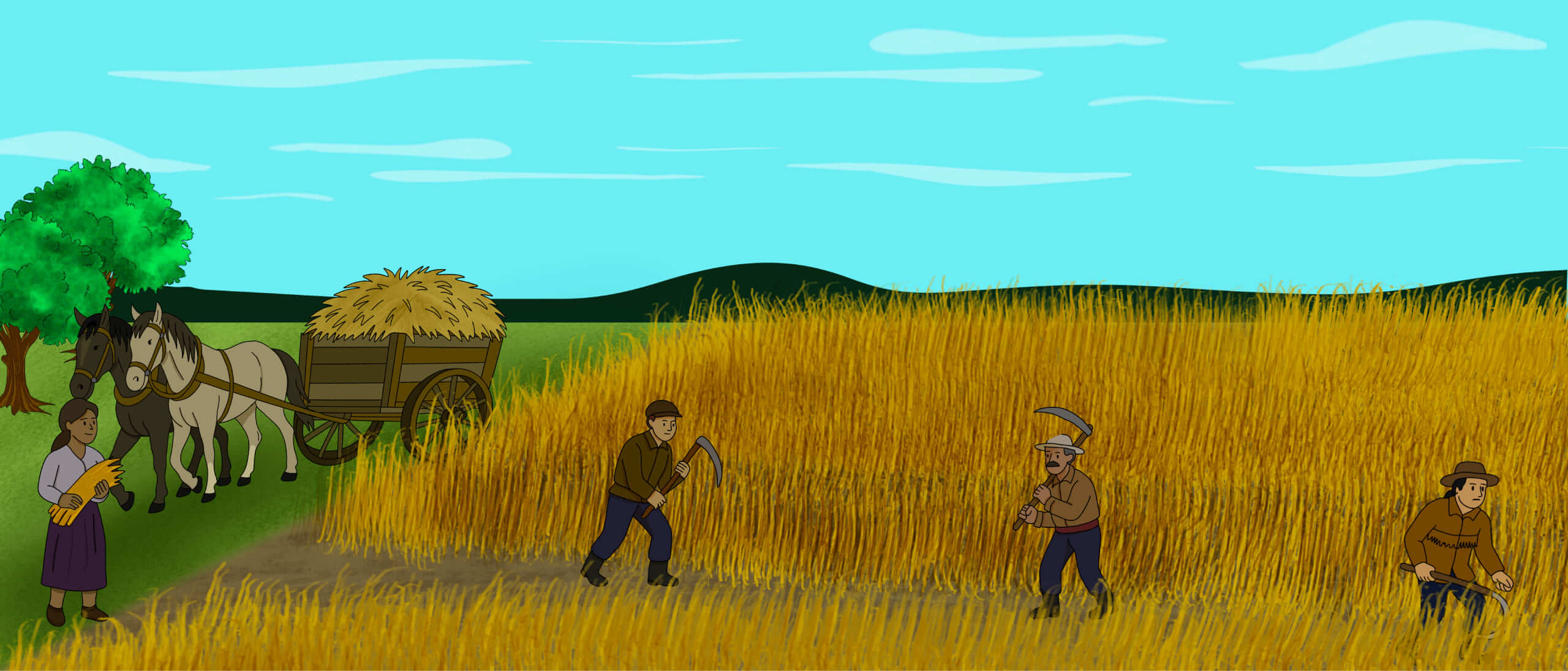 A group of illustrated Indigenous people are sitting together at a campfire by tipis. Others are greeting another group of people walking towards them.