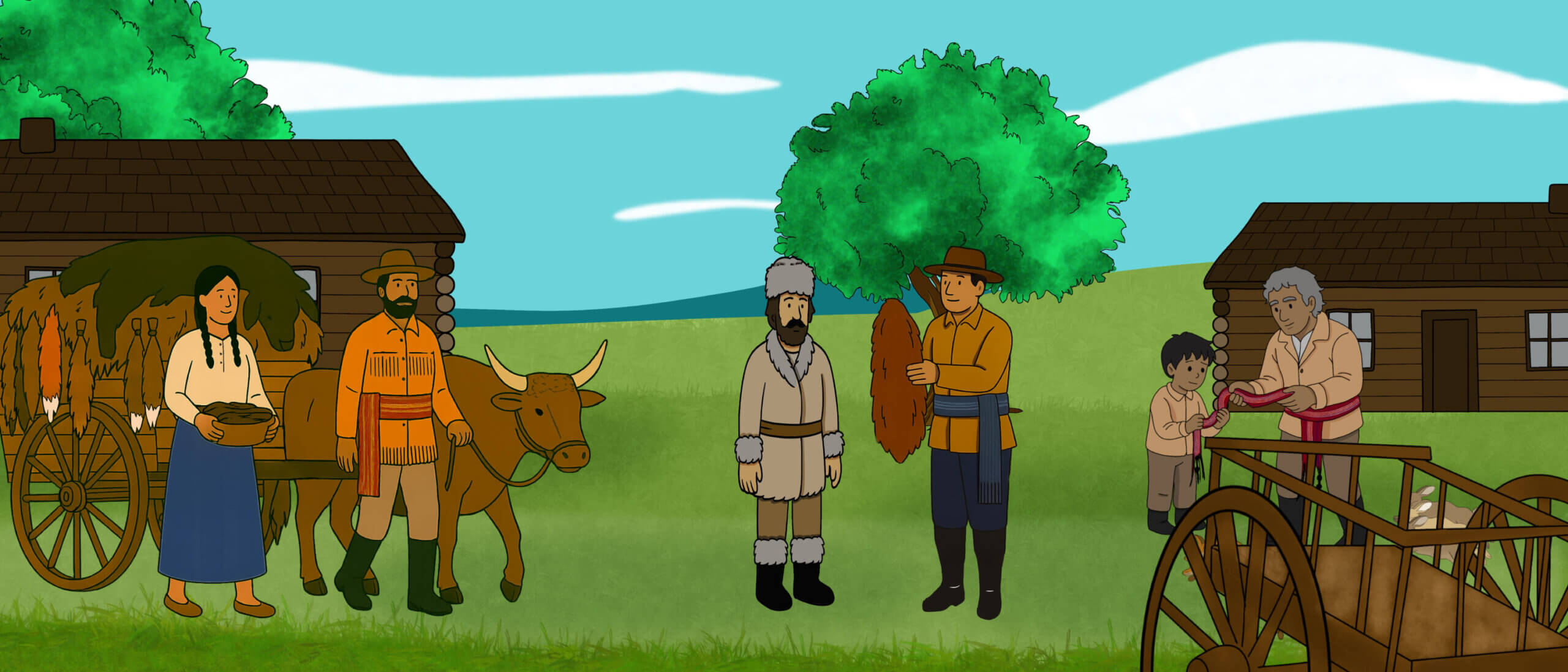 A group of illustrated Indigenous people are sitting together at a campfire by tipis. Others are greeting another group of people walking towards them.