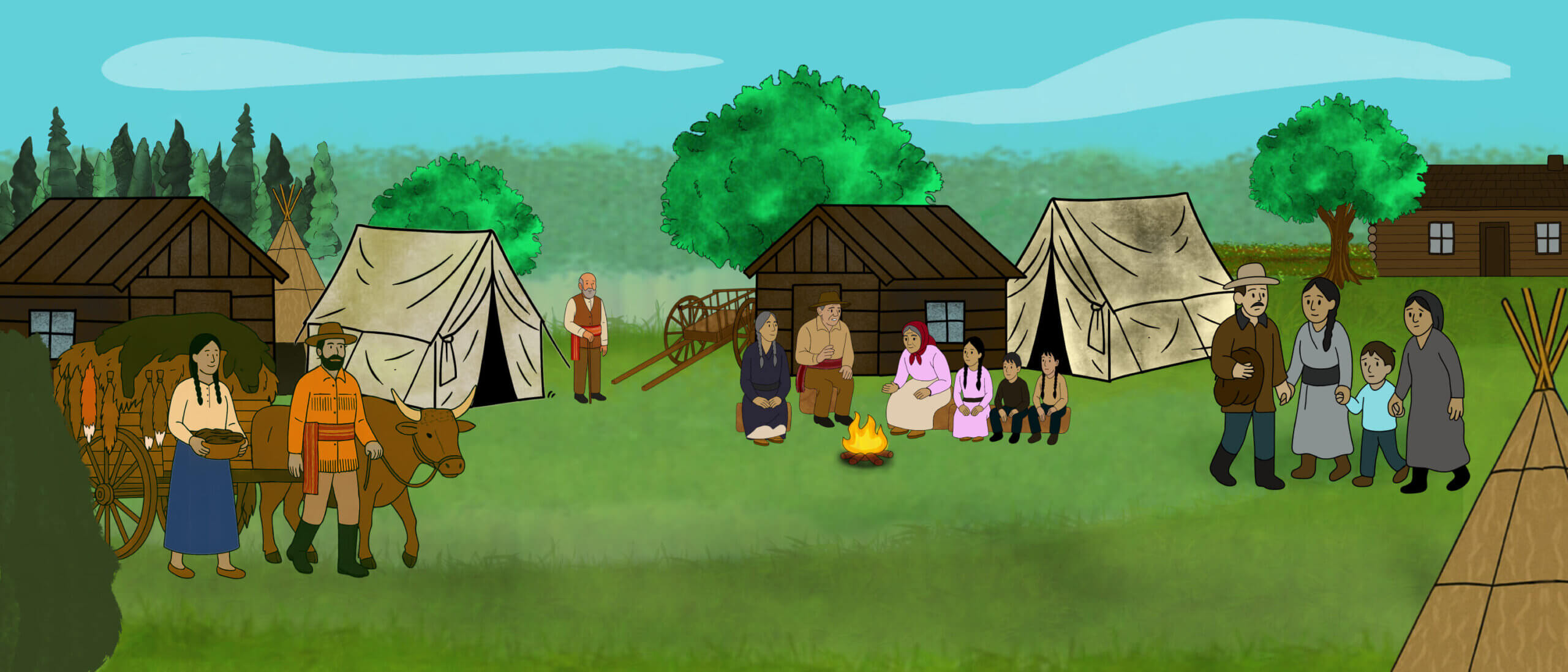 A group of illustrated Indigenous people are near the campfire at nighttime. A man points to symbols on the back of a bison hide and explains them to the group. Another person is pointing out stars in the night sky.