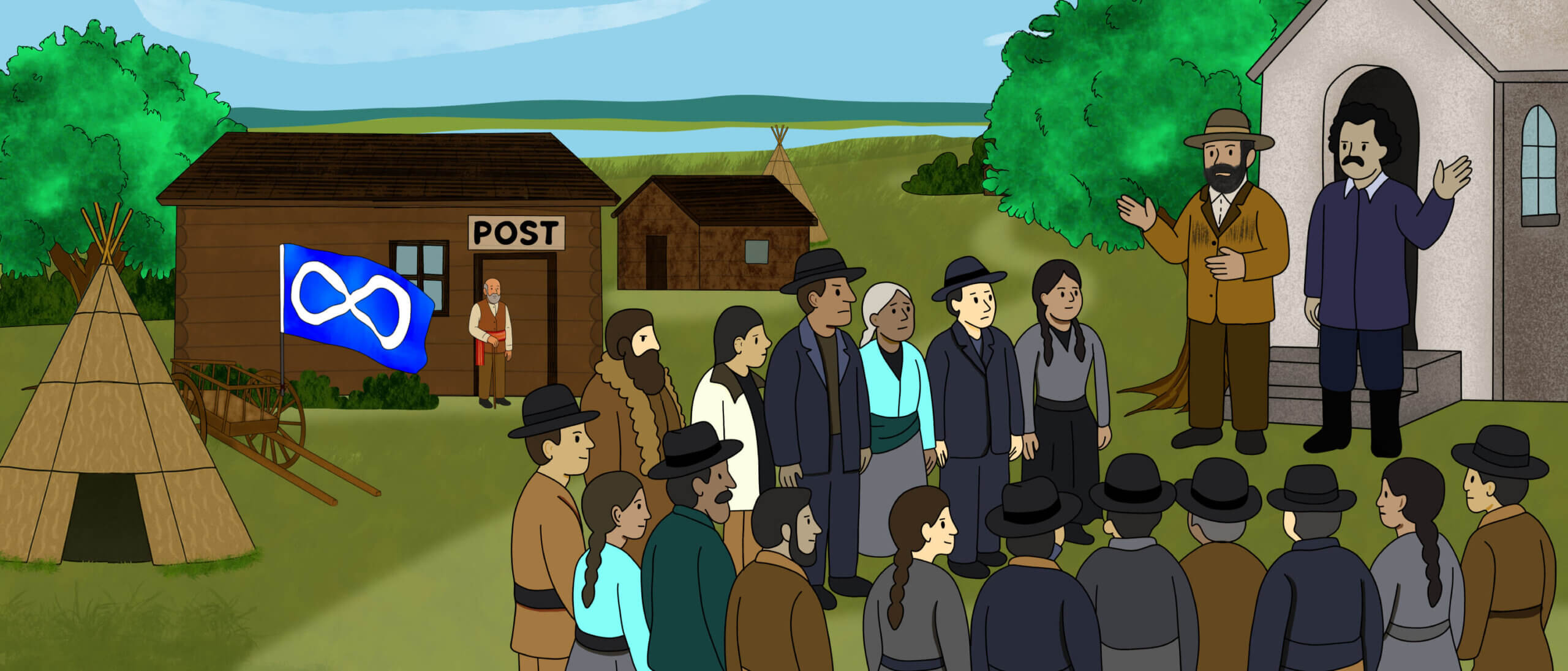 Several illustrated Indigenous men trade items with each other. There are tipis and a campfire in the background.