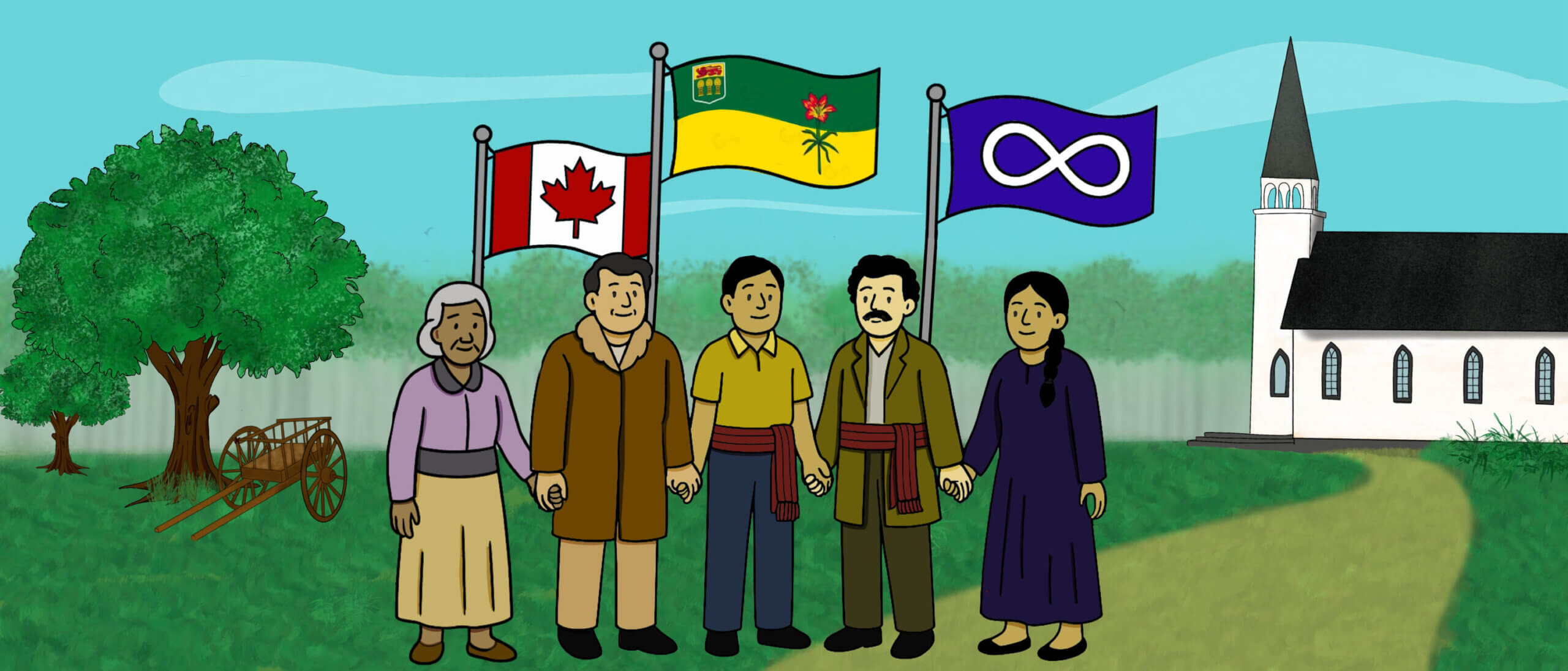 A group of illustrated Indigenous people are near the campfire at nighttime. A man points to symbols on the back of a bison hide and explains them to the group. Another person is pointing out stars in the night sky.