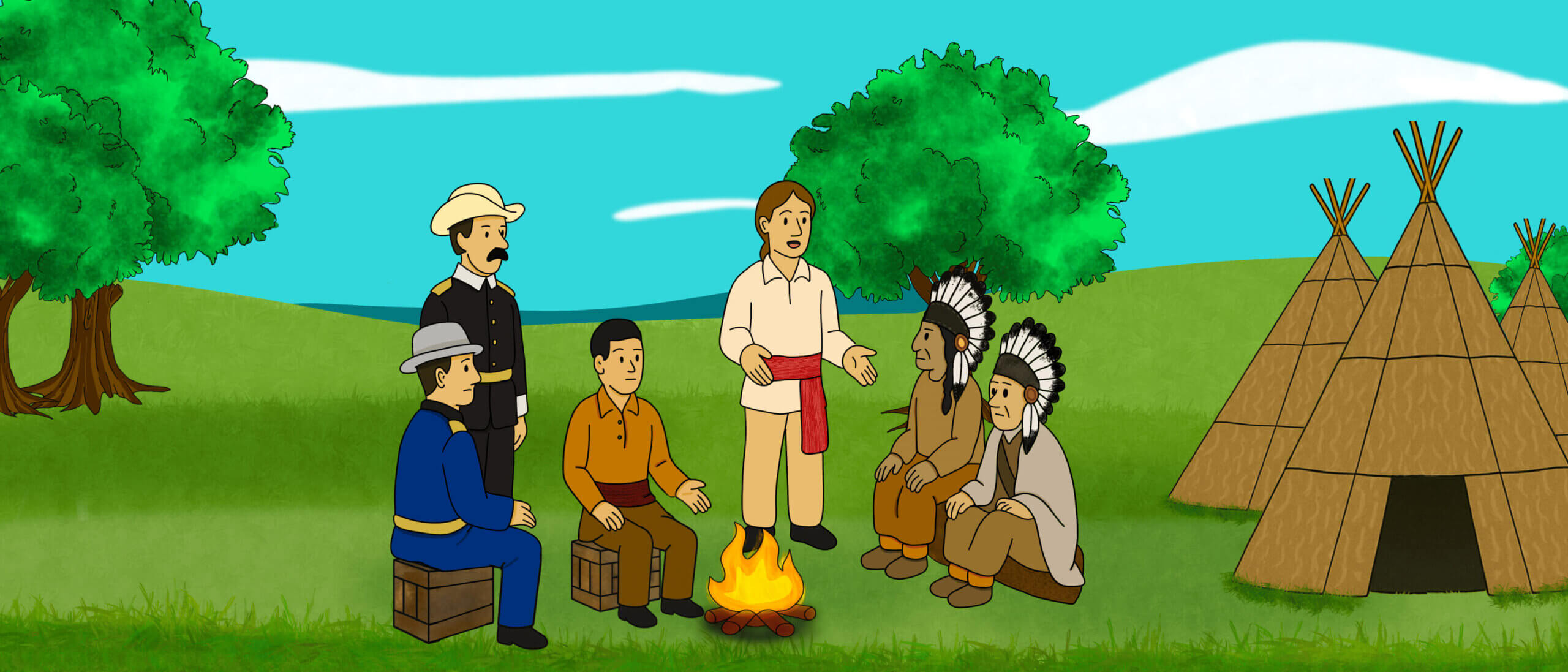 Several illustrated Indigenous men trade items with each other. There are tipis and a campfire in the background.
