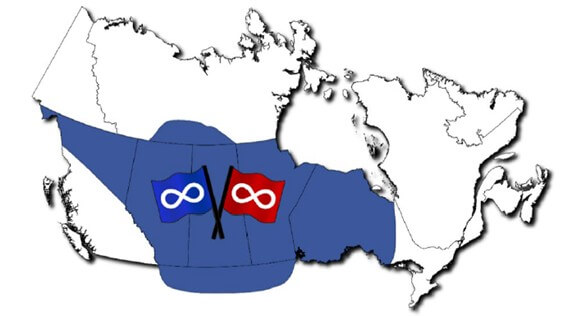 A piece of art by Leah Marie Dorion made with mosaics shows two Indigenous people standing near animals, sun, and water.