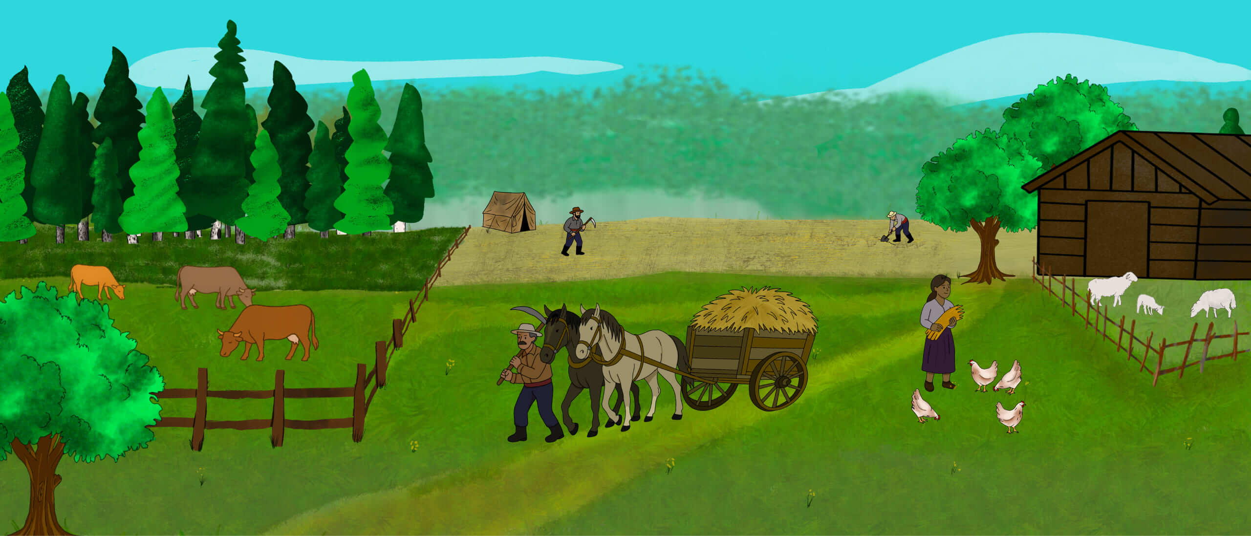 Several illustrated Indigenous men trade items with each other. There are tipis and a campfire in the background.