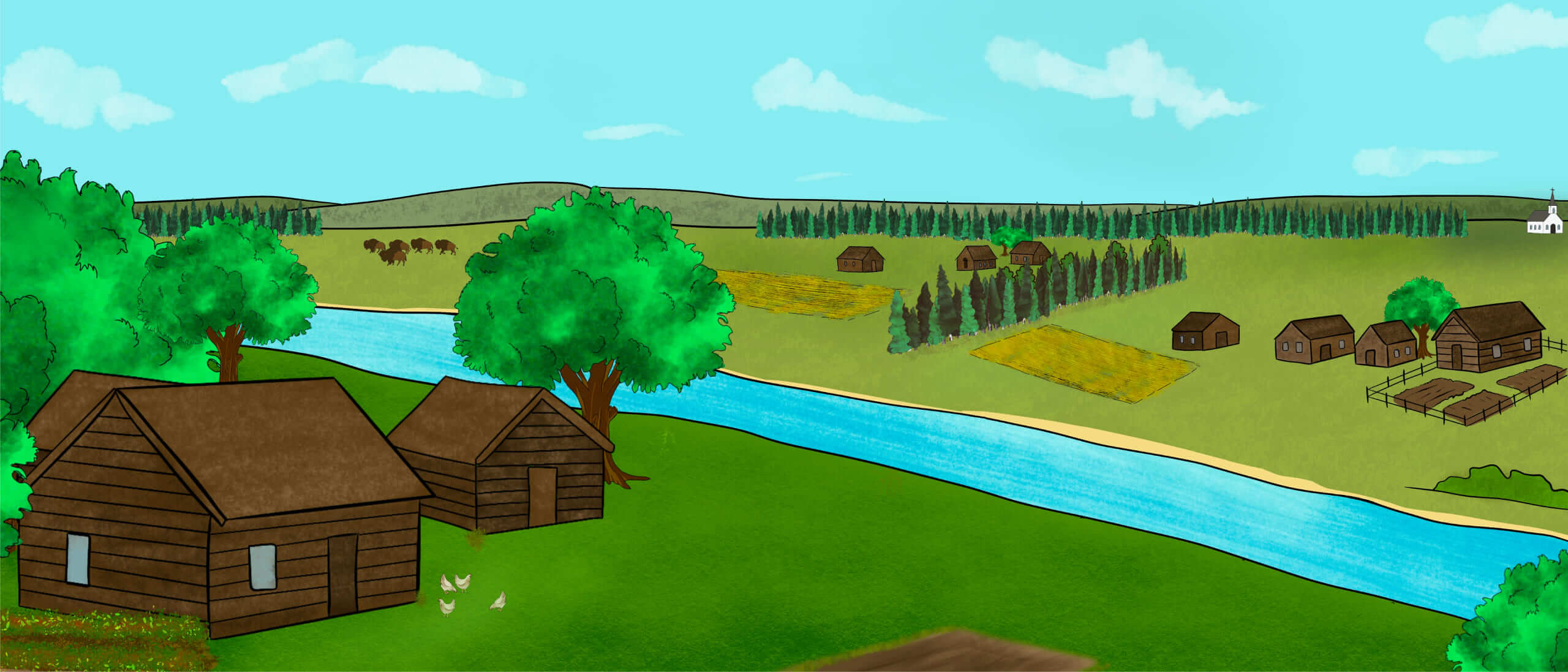 A piece of art by Leah Marie Dorion made with mosaics shows two Indigenous people standing near animals, sun, and water. 