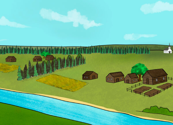 A piece of art by Leah Marie Dorion made with mosaics shows two Indigenous people standing near animals, sun, and water. 