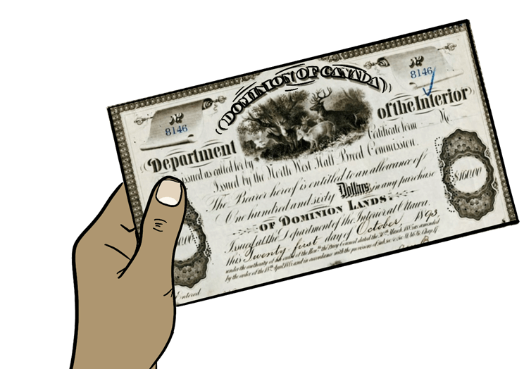 A piece of art by Leah Marie Dorion made with mosaics shows two Indigenous people standing near animals, sun, and water.