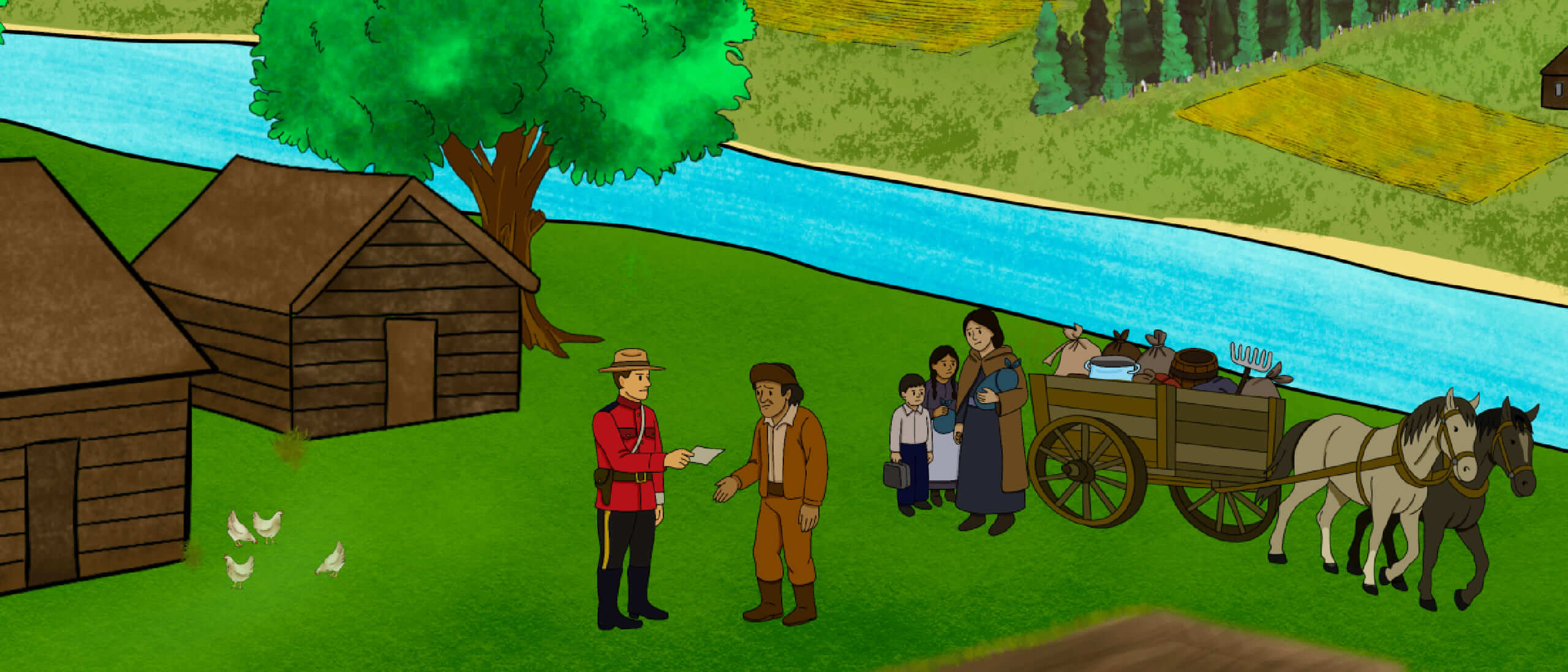 A group of illustrated Indigenous people are near the campfire at nighttime. A man points to symbols on the back of a bison hide and explains them to the group. Another person is pointing out stars in the night sky.