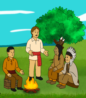 A piece of art by Leah Marie Dorion made with mosaics shows two Indigenous people standing near animals, sun, and water.